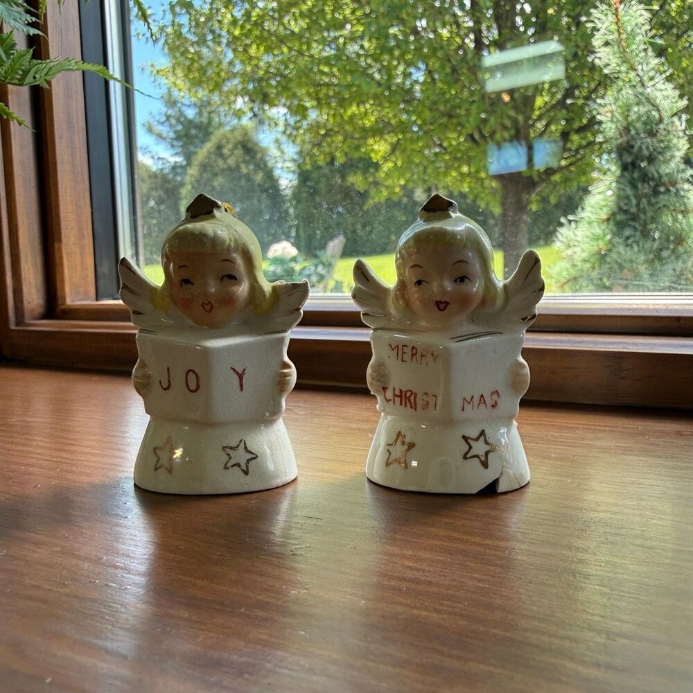 Vintage JOY Angel Christmas Bell Ornament 1950 MCM Ceramic Noel Merry